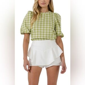 English Factory Sage Green White Gingham Puff Sleeve Keyhole Back Top Size Small